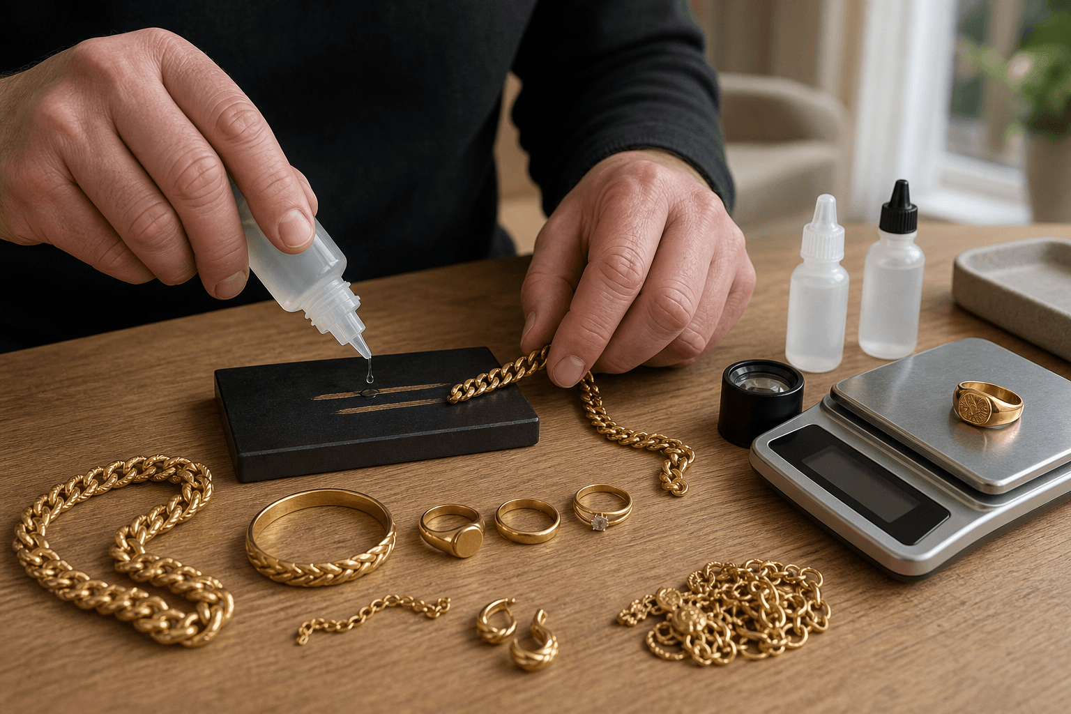 Fairweight mobile gold buyer testing gold jewelry during a private evaluation in Silver Spring, Maryland