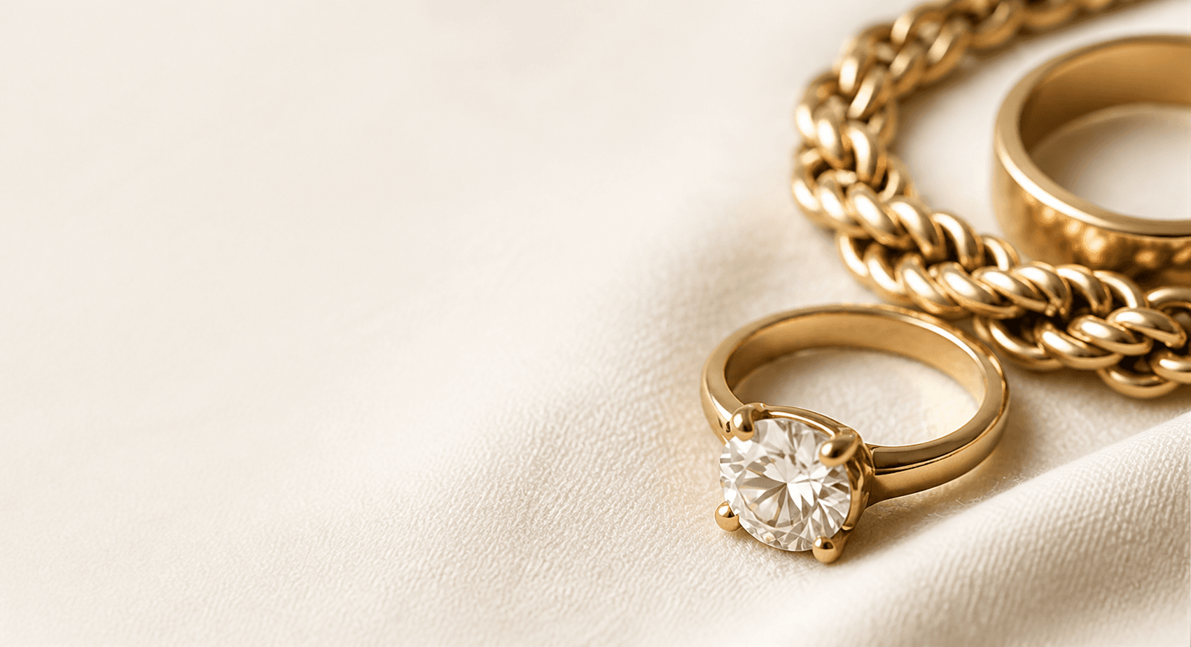 Una cadena de oro, un anillo solitario de diamante y una alianza de oro sobre tela color crema